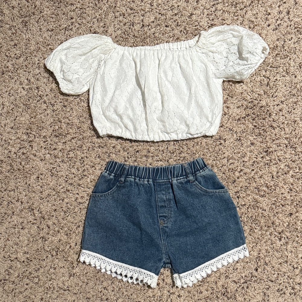 Girls size 130 (8) SHEIN white lace on/off shoulder top and matching jean shorts